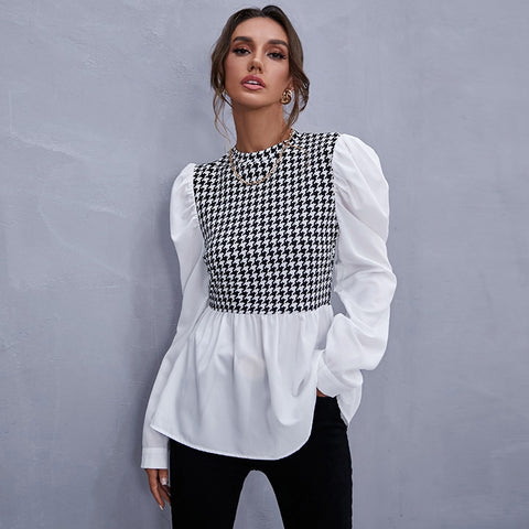 Women Shirt Spring Houndstooth Shirt Casual Stitching Tops  Female Long Sleeve Plaid Shirt Chic Office Ladies Blouses