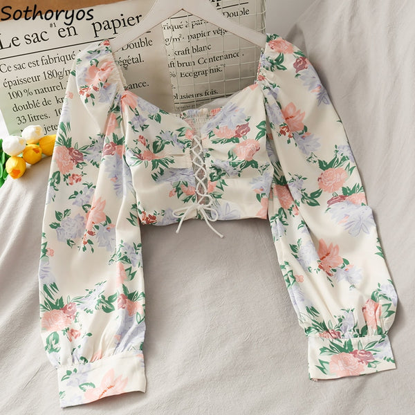 Women Shirts Design Crop Tops Long Sleeve Square Collar Floral Spring All-match Leisure Chic Korean Style Elegant Female Ins