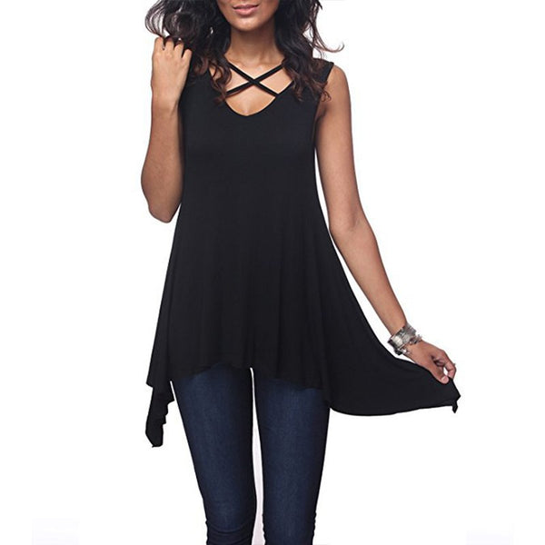 Women Shirts Loose Casual Blouse 2022 Sexy Sleeveless Irregular Hem Hollow Out Shirt Sexy Criss Cross V Neck Blouse Solid Shirt