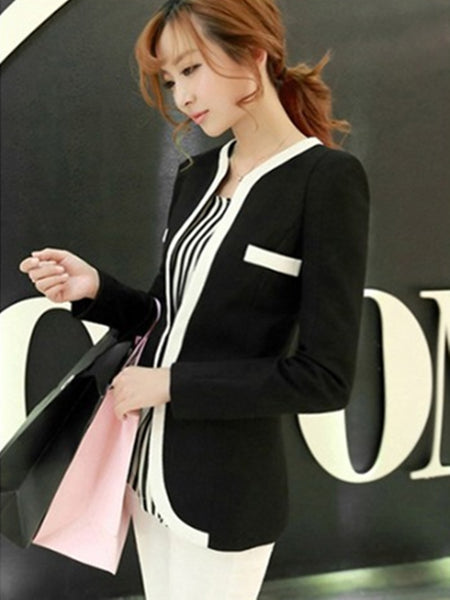 Women Short Blazer Black White Color Block Long-sleeve Short Jacket Outerwear Small Coat EBA093