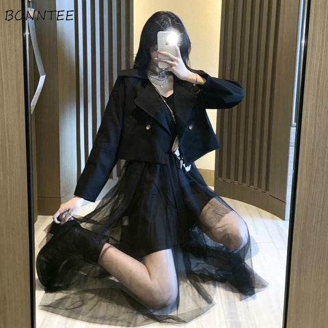 Women Short Blazers Long Sleeve Black Single Button Botched Elegant Ladies Korean Style Brand Ulzzang Autumn Outwear