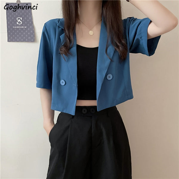 Women Short Sleeve Blazers Loose Fashionable Summer Thin Outwear Double Breasted Notched Streetwear Cropped Tops Students Casual