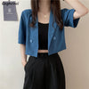 Women Short Sleeve Blazers Loose Fashionable Summer Thin Outwear Double Breasted Notched Streetwear Cropped Tops Students Casual