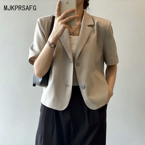 Women Short Sleeve Blazers Loose Solid Elegant Female Cropped Tops Office Ladies Korean Stylish Summer Chic Thin Outwear