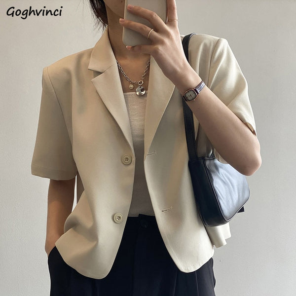 Women Short Sleeve Blazers Loose Solid Elegant Female Cropped Tops Office Ladies Korean Stylish Ulzzang Summer Thin Outwear Chic