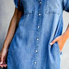 Women Short Sleeve Pockets Single-breasted Irregular Hem Knee-length Loose Dress Polyester Jeans Women Summer Dress