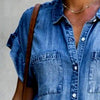 Women Short Sleeve Pockets Single-breasted Irregular Hem Knee-length Loose Dress Polyester Jeans Women Summer Dress