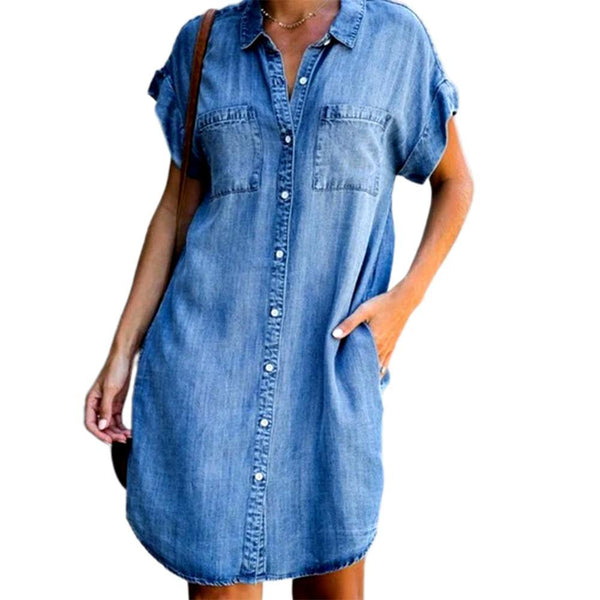 Women Short Sleeve Pockets Single-breasted Irregular Hem Knee-length Loose Dress Polyester Jeans Women Summer Dress