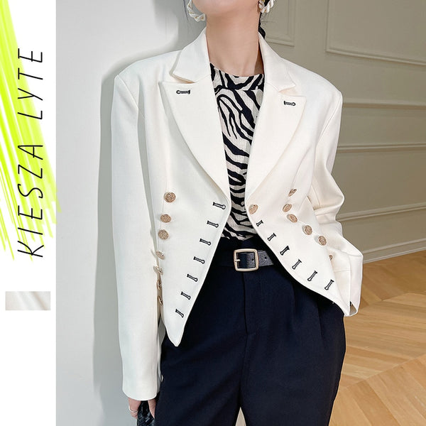 Women Short Suit Jacket 2022 Autumn Office Lady Shoulder Padded White Blazer Jackets British Style Outwear High Quarlity