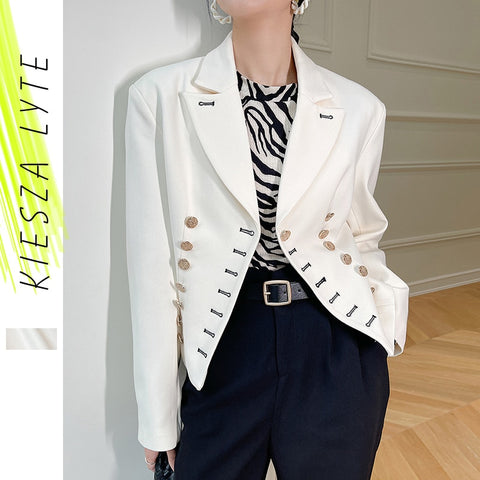 Women Short Suit Jacket 2022 Autumn Office Lady Shoulder Padded White Blazer Jackets British Style Outwear High Quarlity