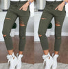 Women Skinny Denim Pants Holes Destroyed Knee Pencil Pants Casual Trousers Black White Stretch Ripped Pants HD0428