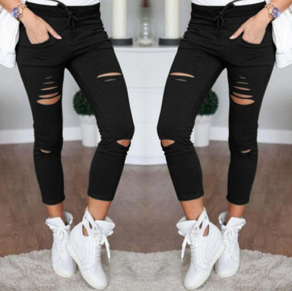 Women Skinny Denim Pants Holes Destroyed Knee Pencil Pants Casual Trousers Black White Stretch Ripped Pants HD0428