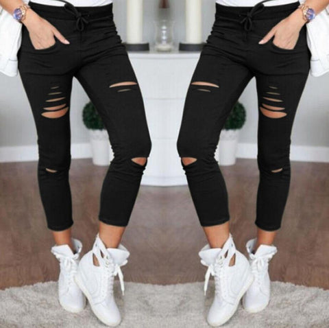 Women Skinny Denim Pants Holes Destroyed Knee Pencil Pants Casual Trousers Black White Stretch Ripped Pants HD0428