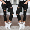 Women Skinny Denim Pants Holes Destroyed Knee Pencil Pants Casual Trousers Black White Stretch Ripped Pants HD0428