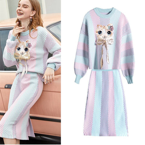 Women Skirt Sweater Sets Winter Long Sleeve Stripped Sequins Applique Skirt Knitted Suit 2pcs Knitted Sweater Sets NS972