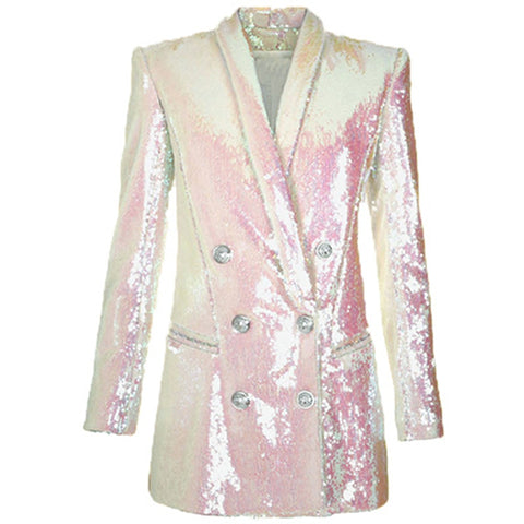 Women Sleeve Sequin Blazer Runway Designer Double Breasted Blazers Elegant Notched Collar Long Jacket Blaser Femme
