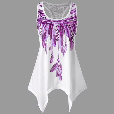 Women Sleeveless Feather Printed Vest Tank Top Summer O Neck Asymmetrical Tops Tee Shirt New Women Clothing Plus Size T-shirt