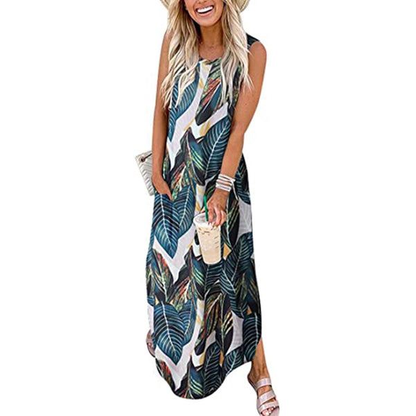 Women Sleeveless Pocket Casual Floral Printing Beach Long Maxi Loose Dress Dresses For Women 2022 Повседневные Платья