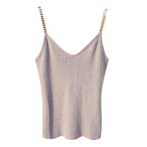 Women Sleeveless Tank Tops Sexy Female V-Neck Knitted Camisole Club Girls Spaghetti Metal Strap Camis Thin Shiny Glitter Bling D