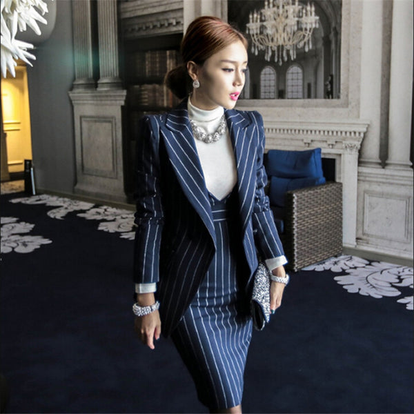 Women Slim Blazer Jacket And Dress Set Bussiness Formal Striped Autumn Spring Women Suits 2 Pieces Set For Office Lady M91423