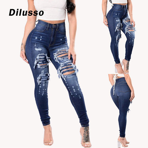 Women Slim Jeans Washed Ripped Hole Gradient Long Jeans Denim Sexy Regular Pants Female Casual Sexy Jeans