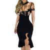 Women Slit Ruffles Hem Floral Pattern Slimming Lace Mesh Hollow Out Sexy V-Neck Printed Long Sleeve Dress Elegent Daily Wear