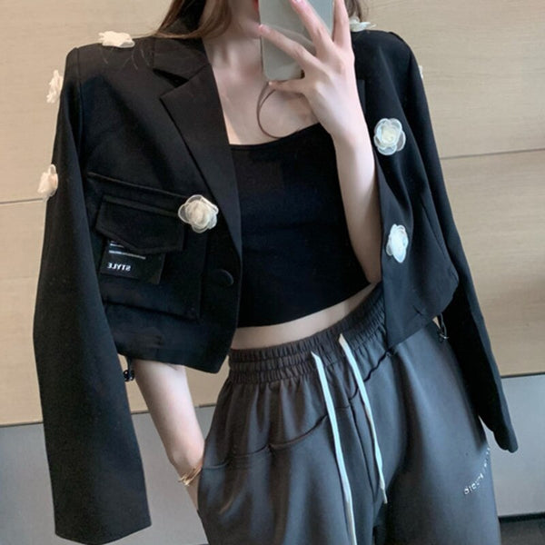 Women Small Blazer Coat Solid Pocket 3D Flower Turndown Collar Long Sleeve Casual Autumn Winter Top 2022 Veste Femme