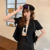 Women Solid Blazers Short Sleeve Summer Crop Tops Single Button Korean Stylish Design Loose Notched Female Ulzzang Chic