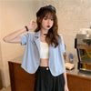 Women Solid Blazers Short Sleeve Summer Crop Tops Single Button Korean Stylish Design Loose Notched Female Ulzzang Chic