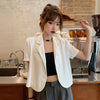 Women Solid Blazers Short Sleeve Summer Crop Tops Single Button Korean Stylish Design Loose Notched Female Ulzzang Chic