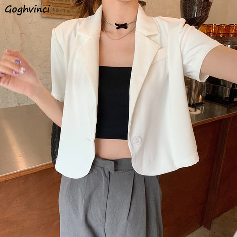 Women Solid Blazers Short Sleeve Summer Crop Tops Single Button Korean Stylish Design Loose Notched Female Ulzzang Chic