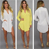 Women Solid Chiffon Blouse Shirt Mini Dress Pocket V Neck Casual Loose Long Sleeve Blouse Tops Summer Beach Wear Cover Up Dress