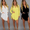 Women Solid Chiffon Blouse Shirt Mini Dress Pocket V Neck Casual Loose Long Sleeve Blouse Tops Summer Beach Wear Cover Up Dress