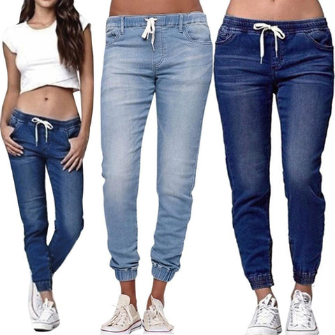 Women Solid Color Drawstring Ankle Tie Slim Stretchy Jeans Plus Size Denim Pants Tie Slim Stretchy Jeans Plus Size Denim Pants