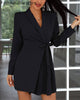 Women Solid Color Lace-Up Waist Detail Ruched Long Sleeve Blazer Dress
