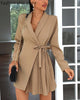 Women Solid Color Lace-Up Waist Detail Ruched Long Sleeve Blazer Dress