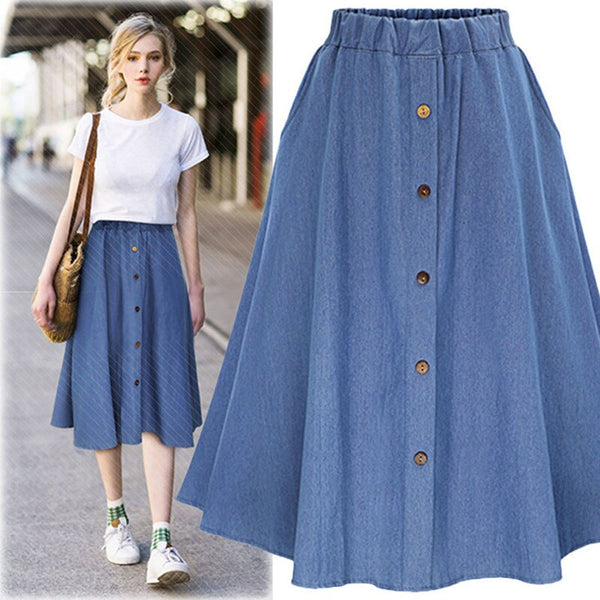 Women Solid Color Long Skirt Korean Preppy Style Denim Skirts Nature Waist Female Big Hem Casual Button Jean Skirt