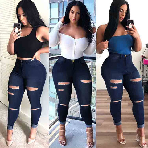 Women Solid Color Plus Size Ripped Jeans Lady's Streetwear High Waist Bodycon Hollow Out Pencil Denim Pants 2022 Autumn Newest
