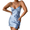Women Solid Color Top Sexy Satin Silk Sling V-Neck Slim Split Short Dress Casual Evening Party Club Dress   Arrival