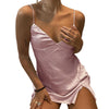 Women Solid Color Top Sexy Satin Silk Sling V-Neck Slim Split Short Dress Casual Evening Party Club Dress   Arrival