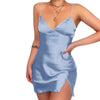 Women Solid Color Top Sexy Satin Silk Sling V-Neck Slim Split Short Dress Casual Evening Party Club Dress   Arrival