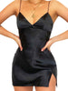 Women Solid Color Top Sexy Satin Silk Sling V-Neck Slim Split Short Dress Casual Evening Party Club Dress   Arrival