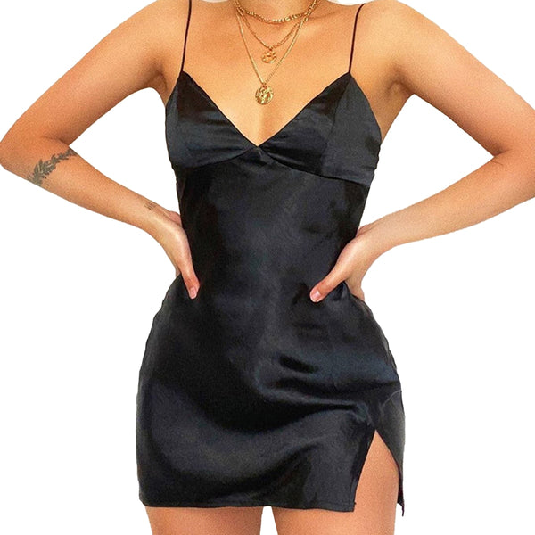 Women Solid Color Top Sexy Satin Silk Sling V-Neck Slim Split Short Dress Casual Evening Party Club Dress   Arrival
