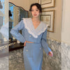 Women Solid Design Folds Edge Blazer Two Piece Set Ladies Full Sleeve Double Breasted Short Blazer+Midi Straight Long Skirt Suit