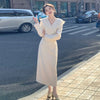 Women Solid Design Folds Edge Blazer Two Piece Set Ladies Full Sleeve Double Breasted Short Blazer+Midi Straight Long Skirt Suit