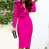 Women Solid Elegant Long Sleeves Cascading Ruffle Decoration V Neck Midi Bodycon Sexy Party Formal Dresses