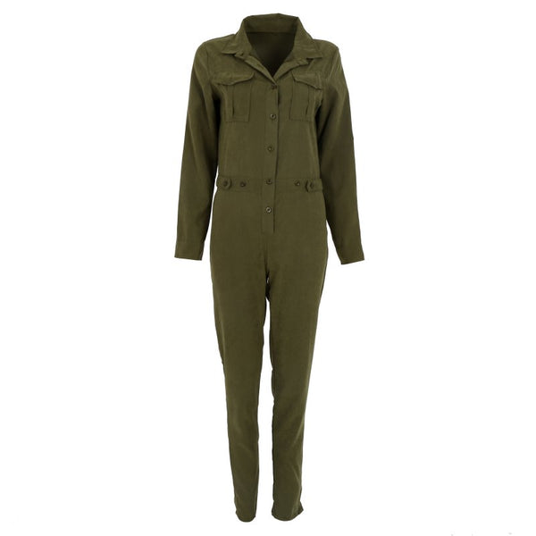 Women Solid Jumpsuit Sexy Bodycon Party Lapel Long-sleeved Playsuit Trousers Stylish Army Green Rompers Tracksuit For Women