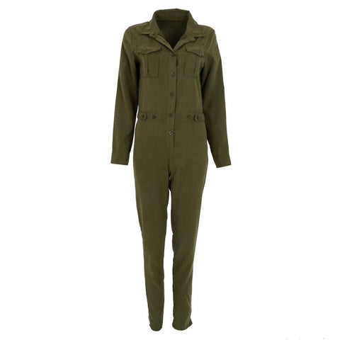 Women Solid Jumpsuit Sexy Bodycon Party Lapel Long-sleeved Playsuit Trousers Stylish Army Green Rompers Tracksuit For Women