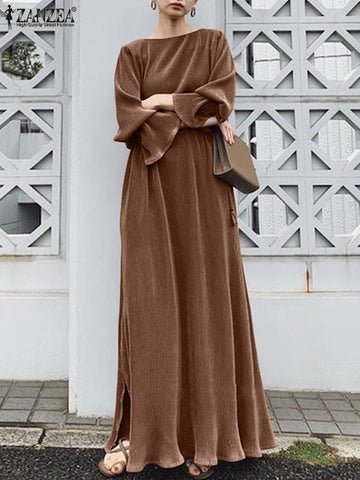 Women Solid Long Sleeve Robe Longue ZANZEA Spring Retro A Line Vestido French Elegant Swing Kaftan 2023 Party Maxi Dress