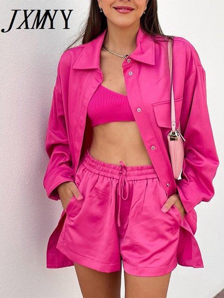 Women Solid Satin Shirt With Mini Shorts Two Pieces Set Female Casual Long Sleeve Outfits 2023 Summer Blouses Tracksuits